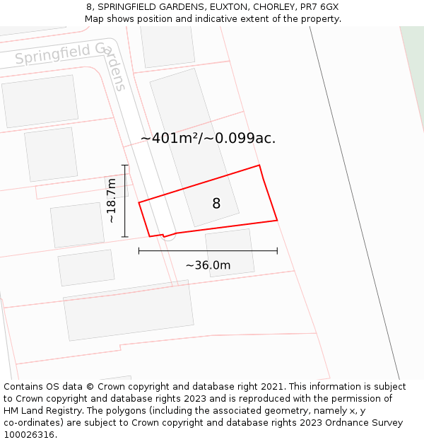 8, SPRINGFIELD GARDENS, EUXTON, CHORLEY, PR7 6GX: Plot and title map