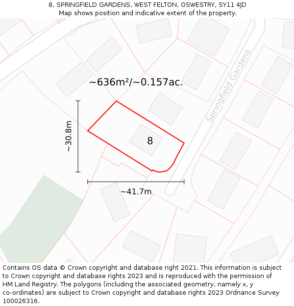 8, SPRINGFIELD GARDENS, WEST FELTON, OSWESTRY, SY11 4JD: Plot and title map