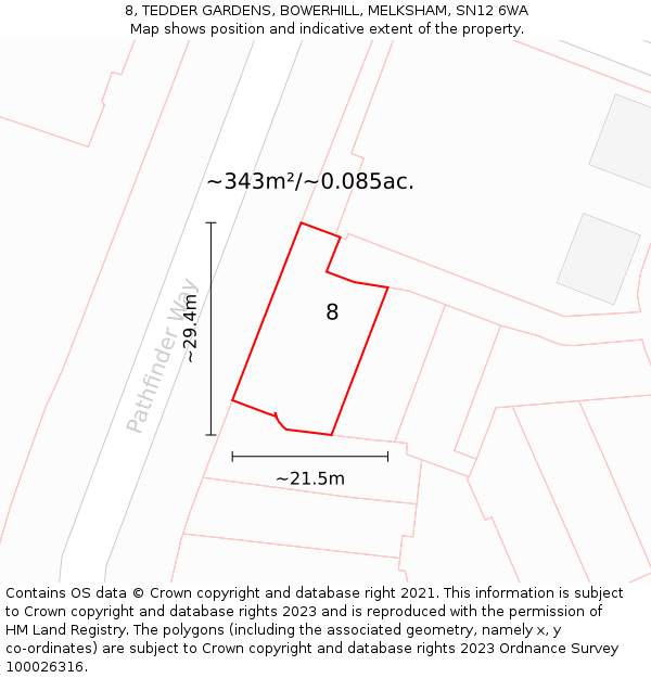 8, TEDDER GARDENS, BOWERHILL, MELKSHAM, SN12 6WA: Plot and title map