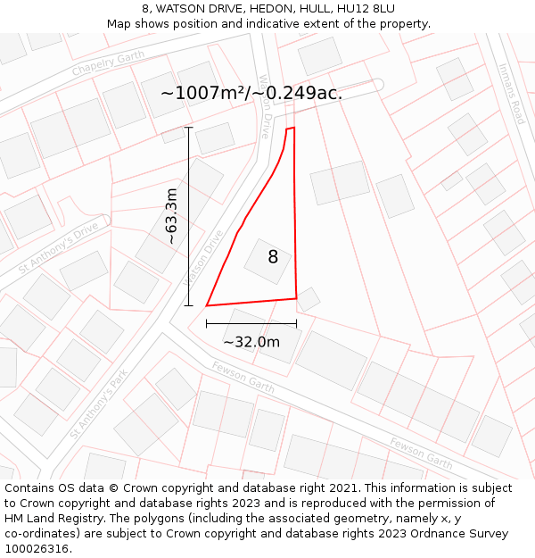 8, WATSON DRIVE, HEDON, HULL, HU12 8LU: Plot and title map