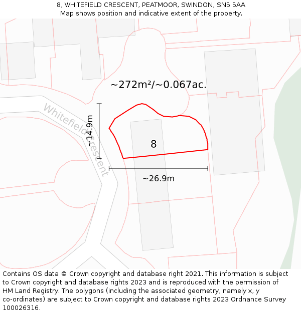 8, WHITEFIELD CRESCENT, PEATMOOR, SWINDON, SN5 5AA: Plot and title map