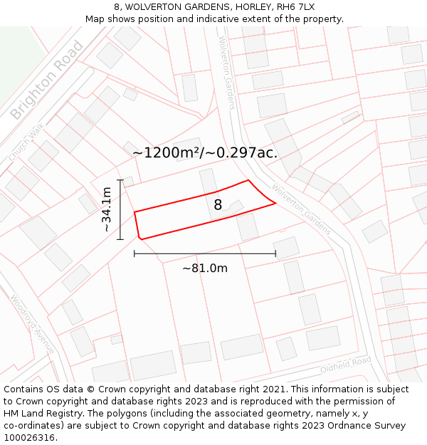 8, WOLVERTON GARDENS, HORLEY, RH6 7LX: Plot and title map