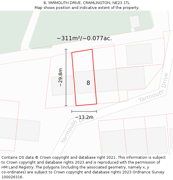 8, YARMOUTH DRIVE, CRAMLINGTON, NE23 1TL: Plot and title map