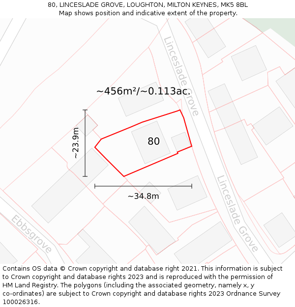 80, LINCESLADE GROVE, LOUGHTON, MILTON KEYNES, MK5 8BL: Plot and title map