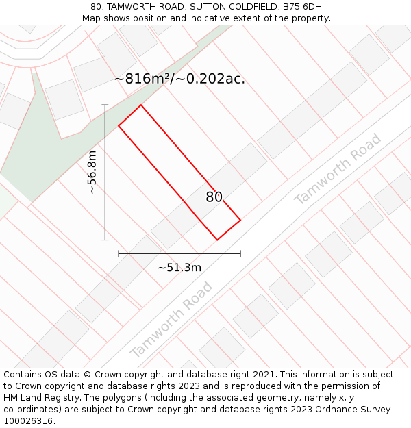 80, TAMWORTH ROAD, SUTTON COLDFIELD, B75 6DH: Plot and title map