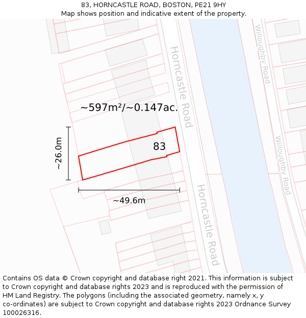 83, HORNCASTLE ROAD, BOSTON, PE21 9HY: Plot and title map