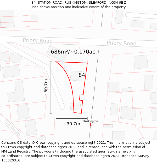 84, STATION ROAD, RUSKINGTON, SLEAFORD, NG34 9BZ: Plot and title map