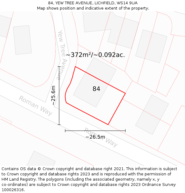 84, YEW TREE AVENUE, LICHFIELD, WS14 9UA: Plot and title map