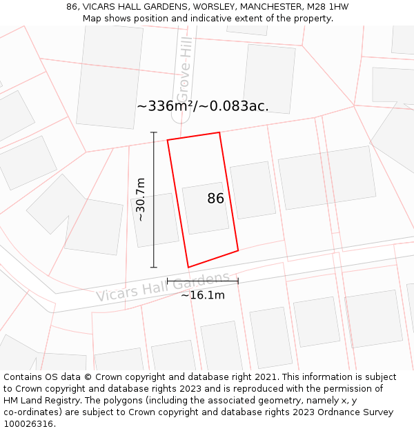 86, VICARS HALL GARDENS, WORSLEY, MANCHESTER, M28 1HW: Plot and title map