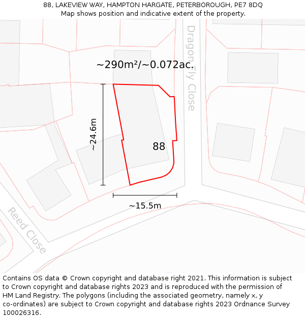 88, LAKEVIEW WAY, HAMPTON HARGATE, PETERBOROUGH, PE7 8DQ: Plot and title map