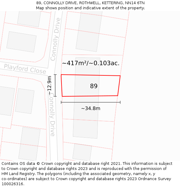 89, CONNOLLY DRIVE, ROTHWELL, KETTERING, NN14 6TN: Plot and title map