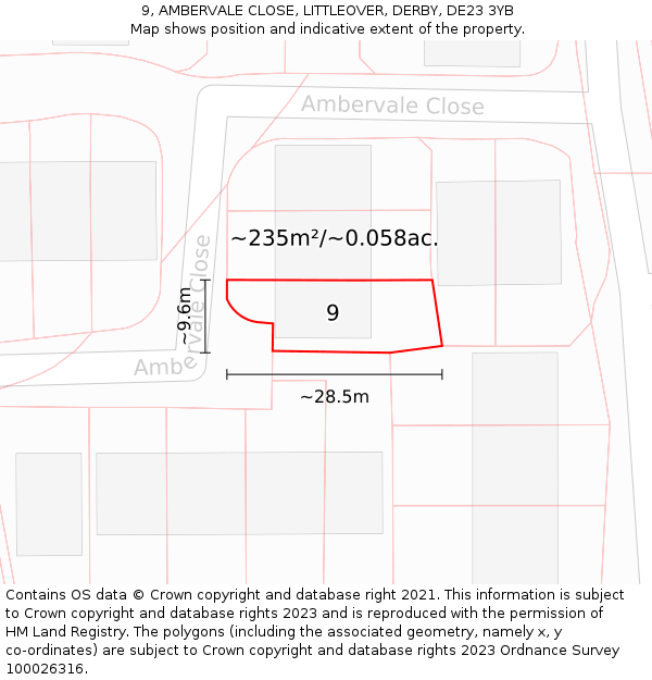 9, AMBERVALE CLOSE, LITTLEOVER, DERBY, DE23 3YB: Plot and title map