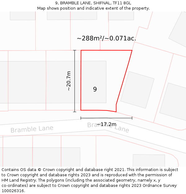 9, BRAMBLE LANE, SHIFNAL, TF11 8GL: Plot and title map