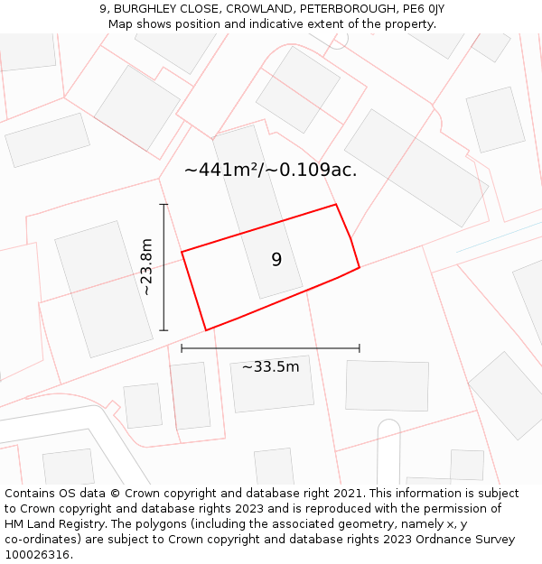 9, BURGHLEY CLOSE, CROWLAND, PETERBOROUGH, PE6 0JY: Plot and title map