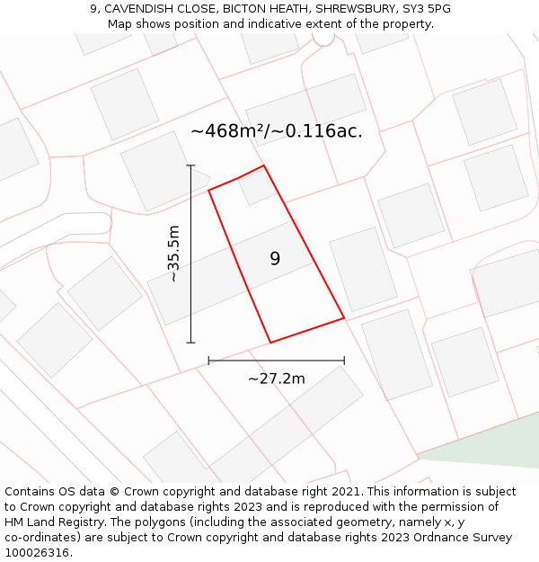 9, CAVENDISH CLOSE, BICTON HEATH, SHREWSBURY, SY3 5PG: Plot and title map