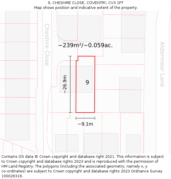 9, CHESHIRE CLOSE, COVENTRY, CV3 1PT: Plot and title map