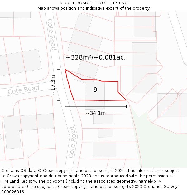 9, COTE ROAD, TELFORD, TF5 0NQ: Plot and title map