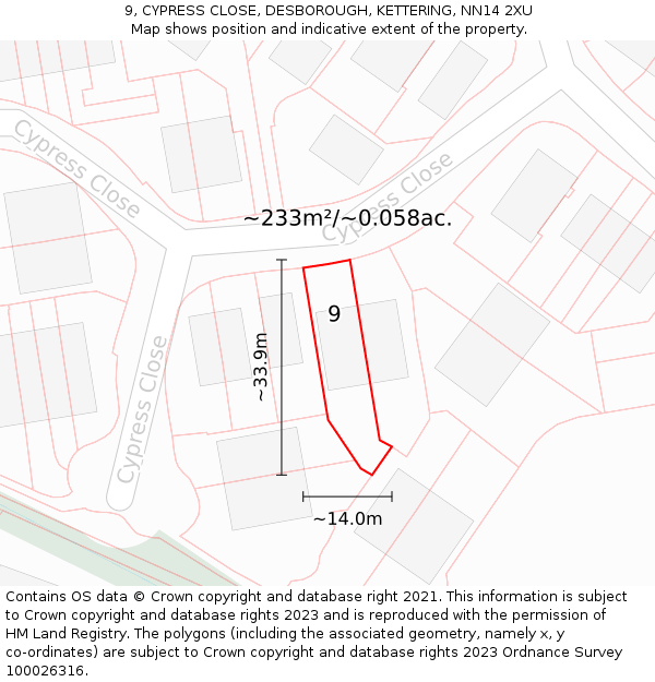 9, CYPRESS CLOSE, DESBOROUGH, KETTERING, NN14 2XU: Plot and title map