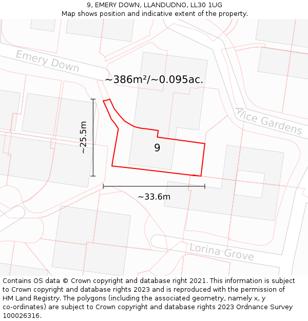 9, EMERY DOWN, LLANDUDNO, LL30 1UG: Plot and title map