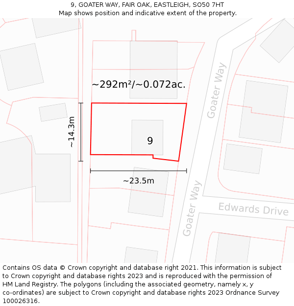 9, GOATER WAY, FAIR OAK, EASTLEIGH, SO50 7HT: Plot and title map