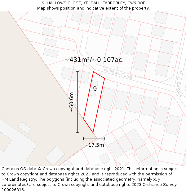 9, HALLOWS CLOSE, KELSALL, TARPORLEY, CW6 0QF: Plot and title map