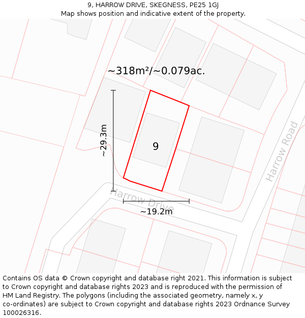 9, HARROW DRIVE, SKEGNESS, PE25 1GJ: Plot and title map