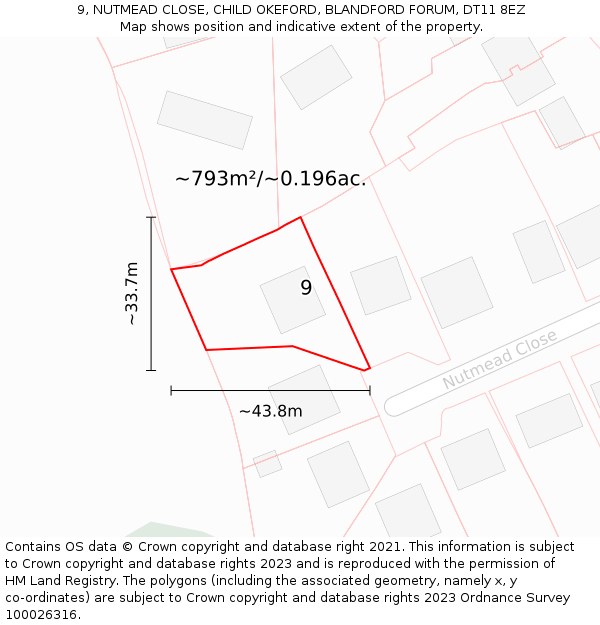 9, NUTMEAD CLOSE, CHILD OKEFORD, BLANDFORD FORUM, DT11 8EZ: Plot and title map