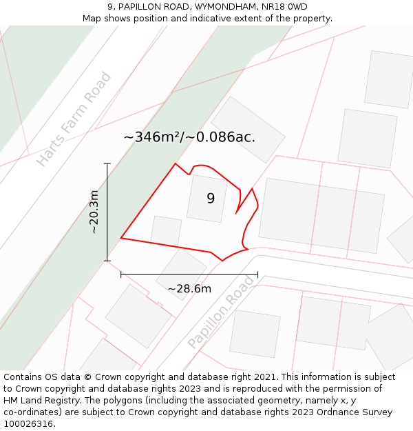 9, PAPILLON ROAD, WYMONDHAM, NR18 0WD: Plot and title map