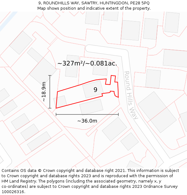 9, ROUNDHILLS WAY, SAWTRY, HUNTINGDON, PE28 5PQ: Plot and title map