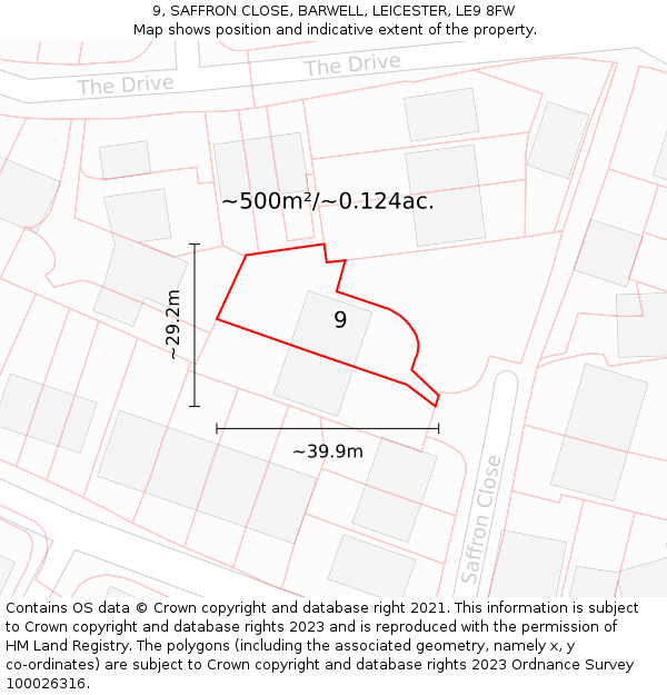 9, SAFFRON CLOSE, BARWELL, LEICESTER, LE9 8FW: Plot and title map