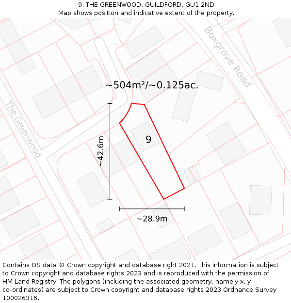 9, THE GREENWOOD, GUILDFORD, GU1 2ND: Plot and title map