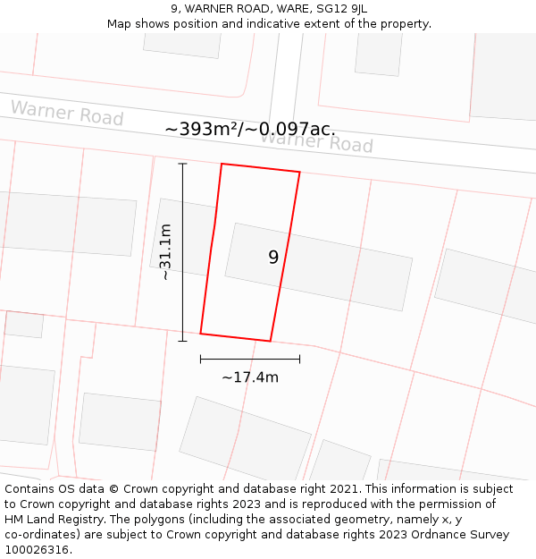 9, WARNER ROAD, WARE, SG12 9JL: Plot and title map