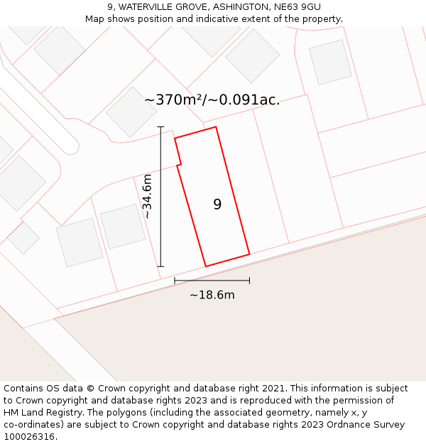 9, WATERVILLE GROVE, ASHINGTON, NE63 9GU: Plot and title map