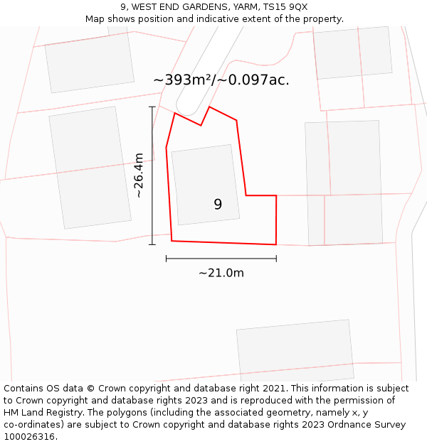 9, WEST END GARDENS, YARM, TS15 9QX: Plot and title map