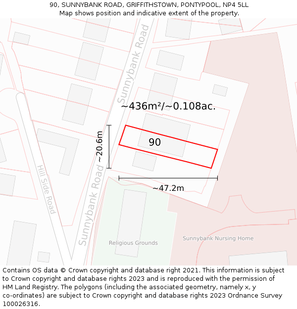 90, SUNNYBANK ROAD, GRIFFITHSTOWN, PONTYPOOL, NP4 5LL: Plot and title map