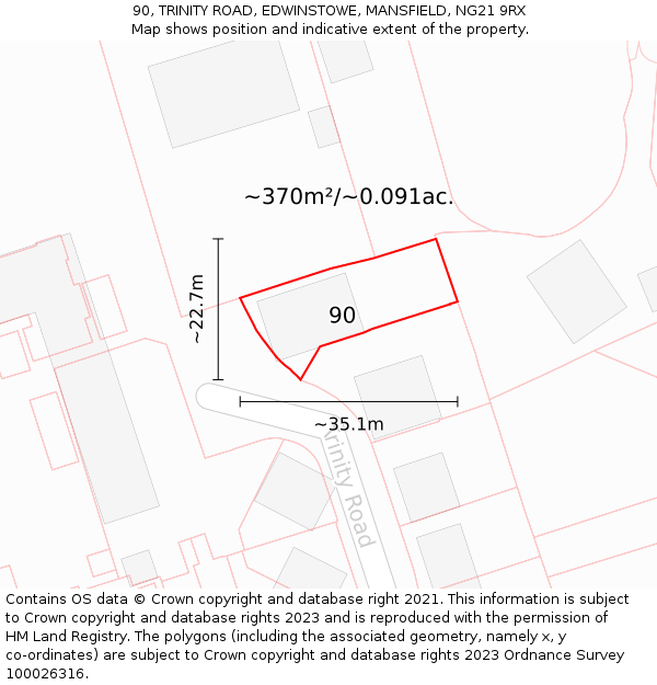 90, TRINITY ROAD, EDWINSTOWE, MANSFIELD, NG21 9RX: Plot and title map