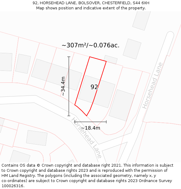 92, HORSEHEAD LANE, BOLSOVER, CHESTERFIELD, S44 6XH: Plot and title map