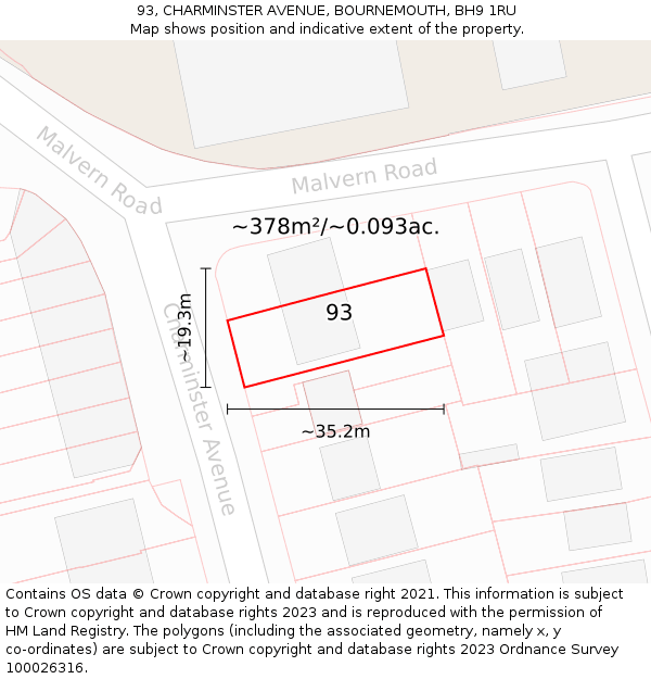 93, CHARMINSTER AVENUE, BOURNEMOUTH, BH9 1RU: Plot and title map