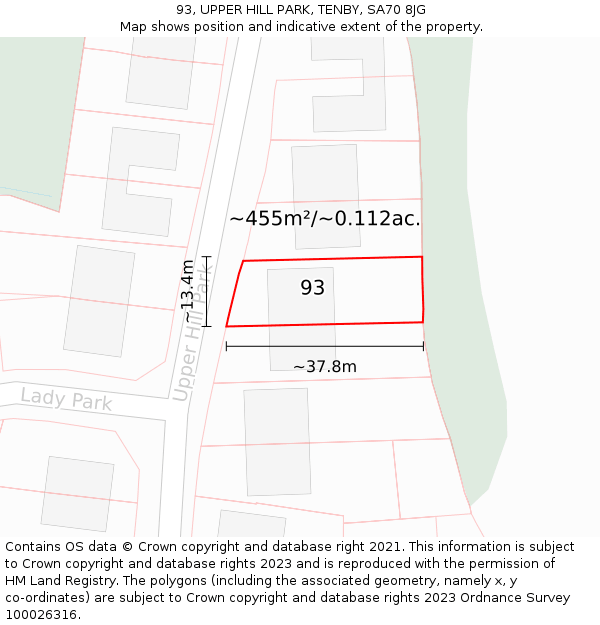 93, UPPER HILL PARK, TENBY, SA70 8JG: Plot and title map