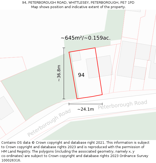 94, PETERBOROUGH ROAD, WHITTLESEY, PETERBOROUGH, PE7 1PD: Plot and title map