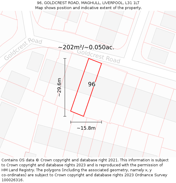 96, GOLDCREST ROAD, MAGHULL, LIVERPOOL, L31 1LT: Plot and title map