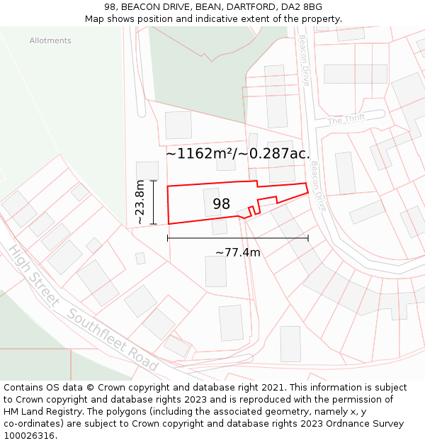 98, BEACON DRIVE, BEAN, DARTFORD, DA2 8BG: Plot and title map