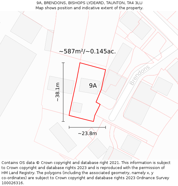 9A, BRENDONS, BISHOPS LYDEARD, TAUNTON, TA4 3LU: Plot and title map