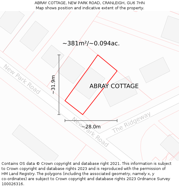 ABRAY COTTAGE, NEW PARK ROAD, CRANLEIGH, GU6 7HN: Plot and title map