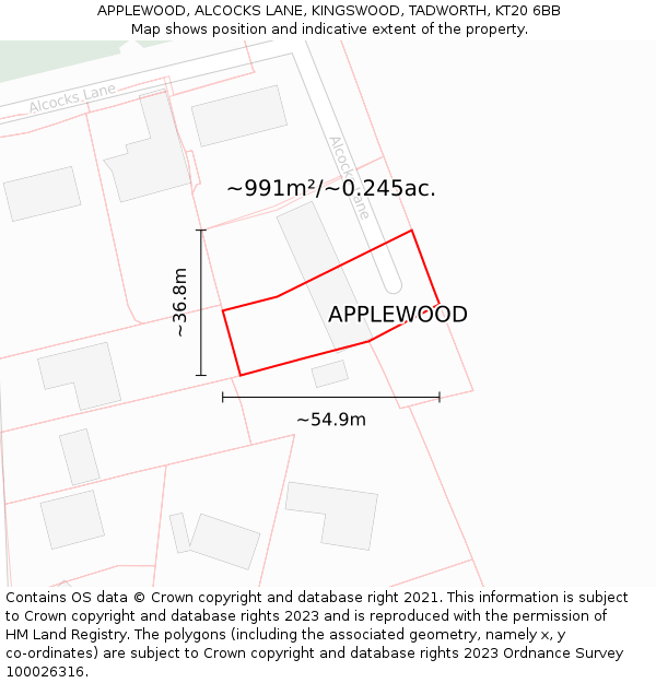 APPLEWOOD, ALCOCKS LANE, KINGSWOOD, TADWORTH, KT20 6BB: Plot and title map