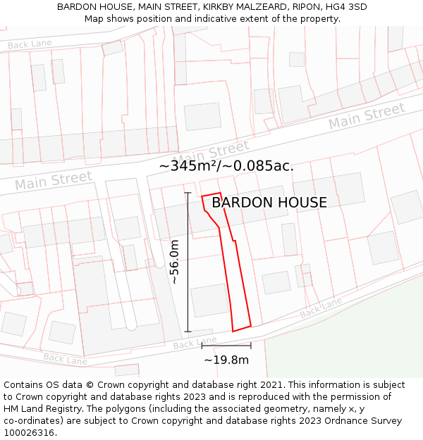 BARDON HOUSE, MAIN STREET, KIRKBY MALZEARD, RIPON, HG4 3SD: Plot and title map