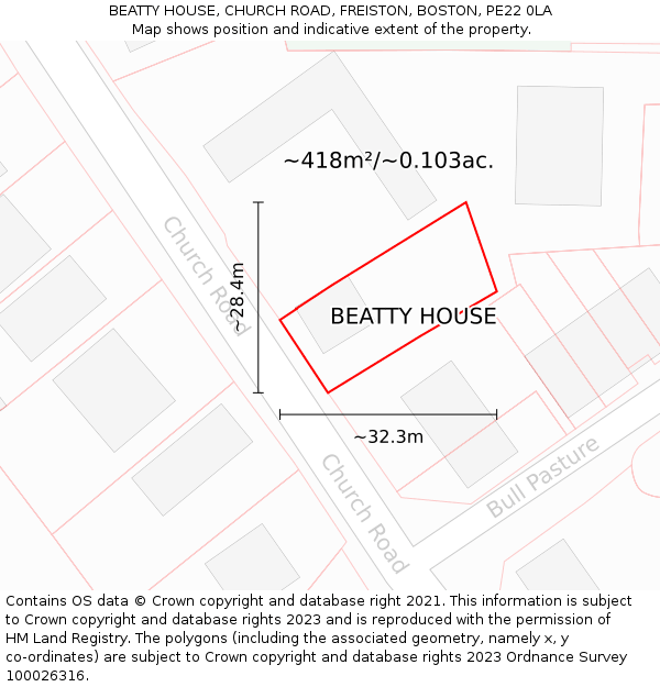 BEATTY HOUSE, CHURCH ROAD, FREISTON, BOSTON, PE22 0LA: Plot and title map