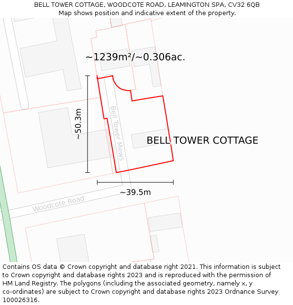 BELL TOWER COTTAGE, WOODCOTE ROAD, LEAMINGTON SPA, CV32 6QB: Plot and title map