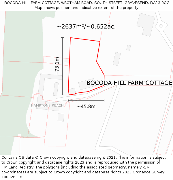 BOCODA HILL FARM COTTAGE, WROTHAM ROAD, SOUTH STREET, GRAVESEND, DA13 0QG: Plot and title map