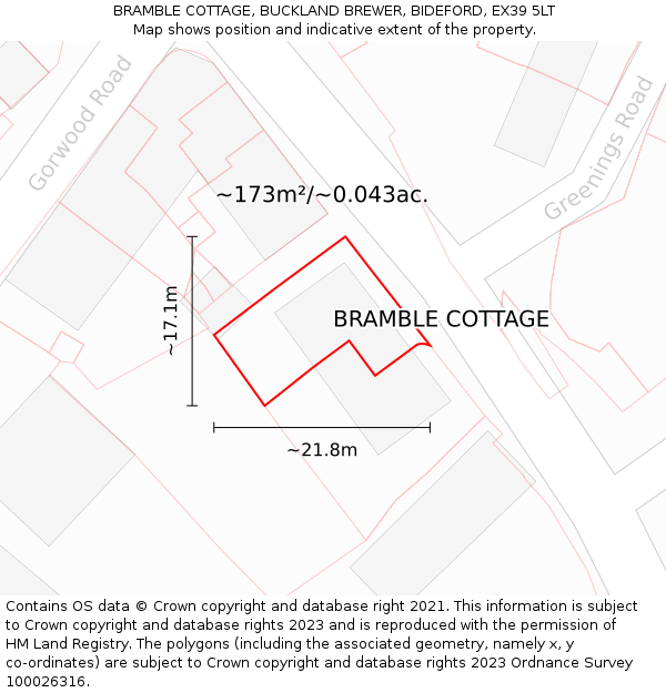 BRAMBLE COTTAGE, BUCKLAND BREWER, BIDEFORD, EX39 5LT: Plot and title map